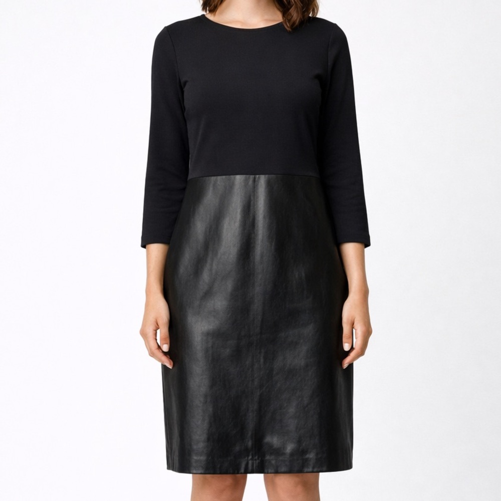 L'Agence Dress 4 Black Lamb Leather Skirt 3/4 Sleeve Sheath Bodycon Zip Designer